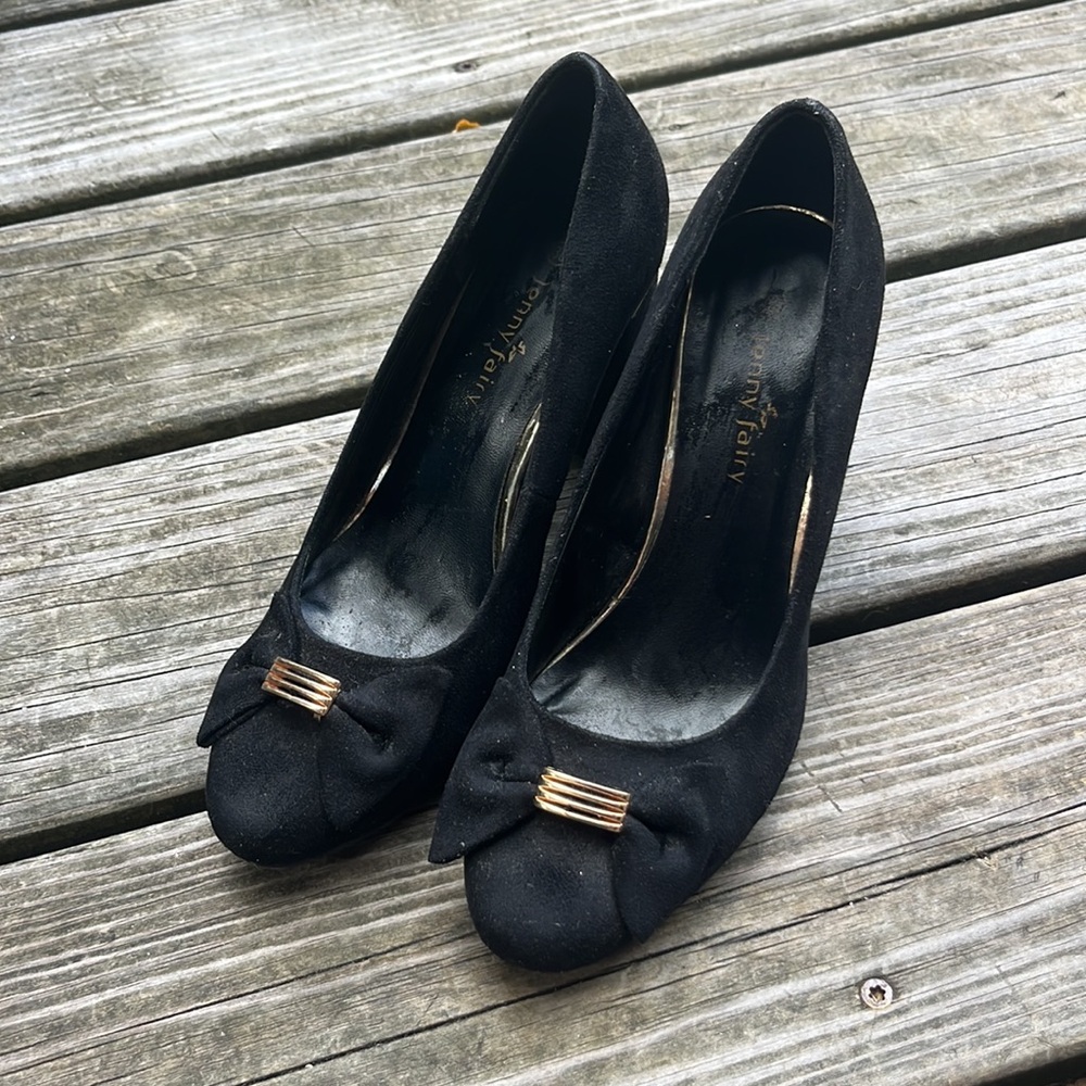 Black Suede Block Heel Pumps with Gold Accent
